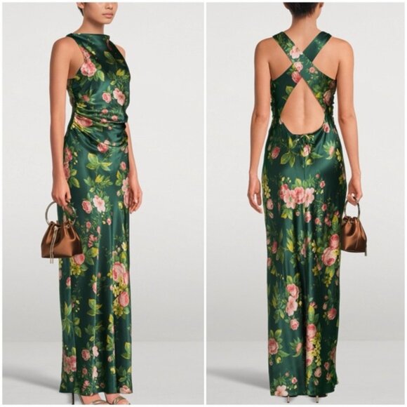 NEW Reformation Anaiis Silk Backless Long Dress Belvedere Green Floral US 2 UK 6 - Picture 1 of 15